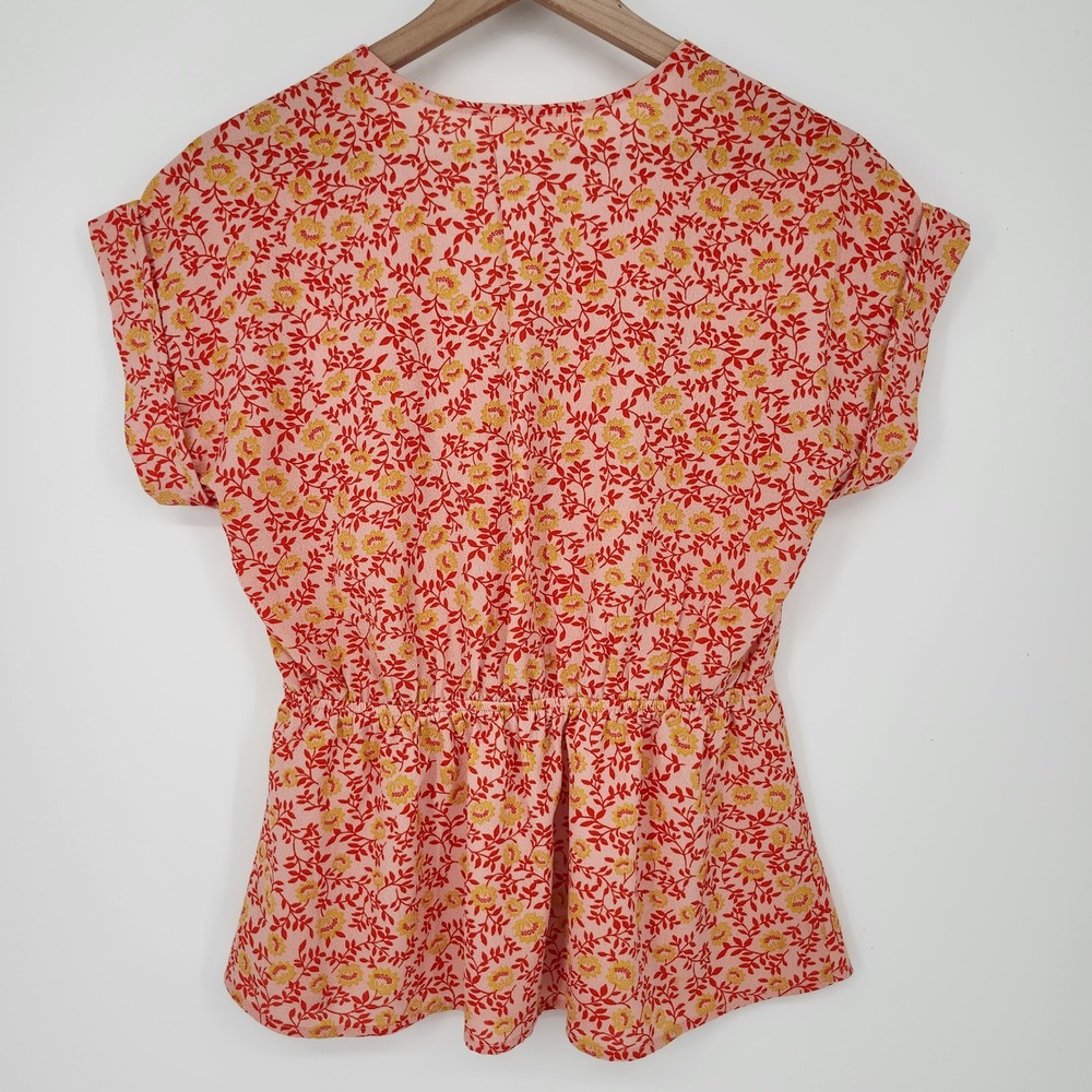 Pink Red Yellow‎ Floral Faux Wrap Top Large Boho Contemporary Colorful Cottage - Picture 7 of 7